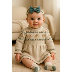 Tommy Bahama Kids Sweater Dress Set 3-6 months Cream Fair Isle Holiday  NWT